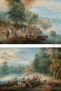 A River Landscape With Men Unloading Cargo Onto The Shore (+ A River Landscape With Horsemen And Other Travellers On A Road; Pair) by Theobald Michau