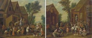 Peasants Gathered Around A Charlatan (+ A Charlatan Amusing A Crowd In A Village; Pair) by Theobald Michau