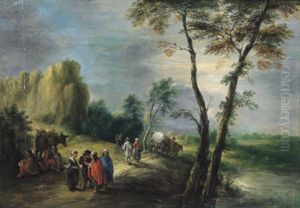 Rastende Zigeuner Und Bauern In Einer Bewaldeten Flusslandschaft by Theobald Michau