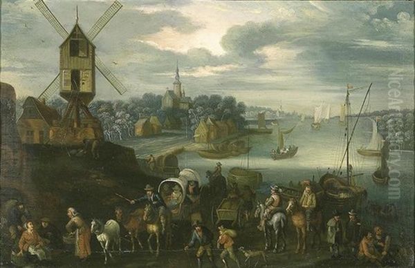 Nombreux Personnages Dans Un Paysage Fluvial Au Moulin - view 1