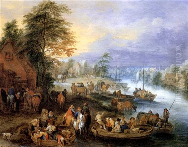 A River Landscape With Travellers, A Town Beyond - view 1