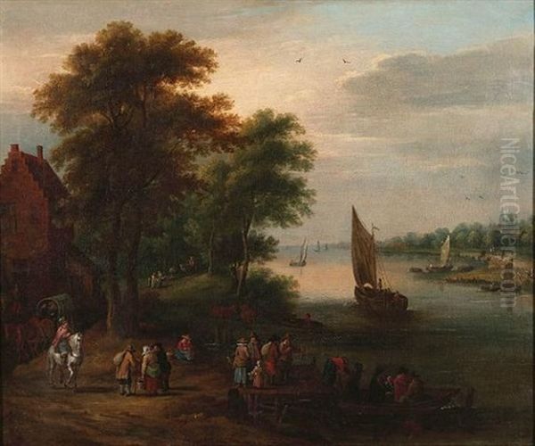 A River Landscape With A Wagon And Travellers On A Track, Figures In Boats Crossing The River - view 1