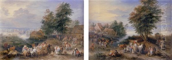 A Village Landscape With Peasants Merrymaking Outside An Inn And Fording The River On A Cart - view 1