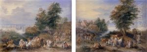 A Village Landscape With Peasants Merrymaking Outside An Inn And Fording The River On A Cart by Theobald Michau