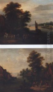 A River Landscape With A Wagon And Travellers On A Track, Figures In Boats Crossing The River by Theobald Michau