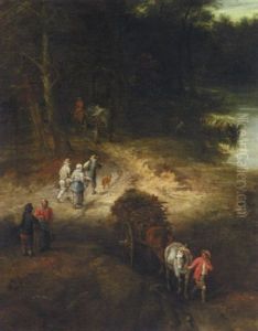 A River Landscape With Waggoners On A Track