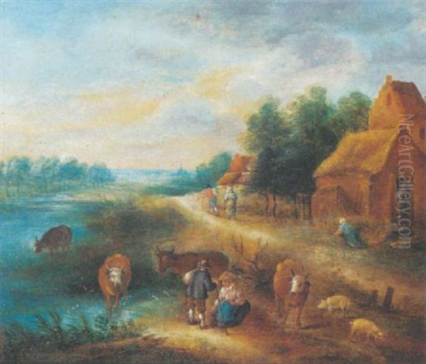 A Village With Peasants And Cattle By A River - view 1