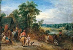 Boors Resting Before A Tavern, With Cattle By A Stream Beyond