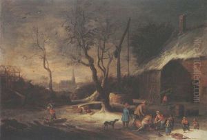 A Winter Landscape With Peasants Chopping Wood And Slaughtering A Pig Near A Well, A Farm Nearby by Theobald Michau