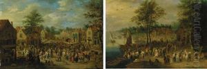 A Village Landscape With Travelling Players Performing To A Crowd