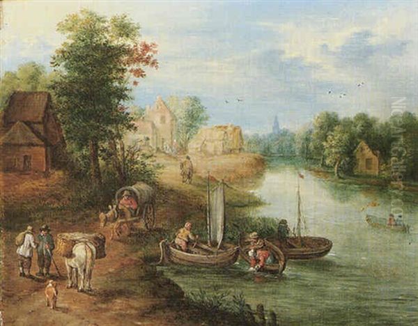 A View Of A Riverside Village With Fishermen And Travellers On A Path - view 1