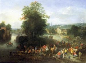 Village Flamand Pres De La Riviere Avec Une Scene De Marche by Theobald Michau