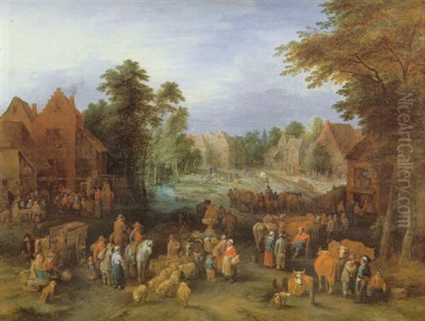 A Village Scene With Numerous Peasants And Their Livestock - view 1