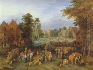 A Village Scene With Numerous Peasants And Their Livestock by Theobald Michau