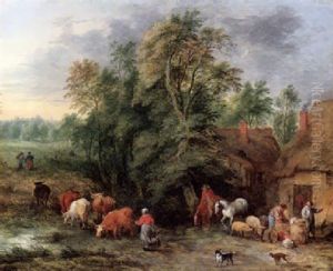 Bewaldete Landschaft Mit Bauern, Hirten Und Vieh Vor Bauernhausern by Theobald Michau