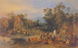 A Lively Village Scene With Peasants Talking And Resting By A Fountain, A Pond Nearby