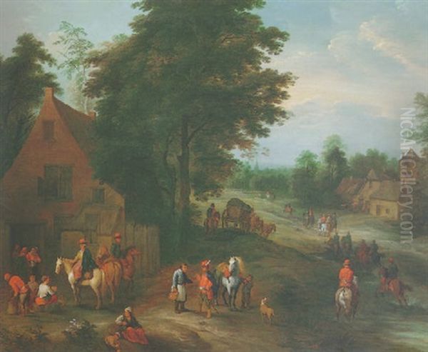Landscape With Figures Outside An Inn, A Troop Of Horses Passing A Village Beyond - view 1