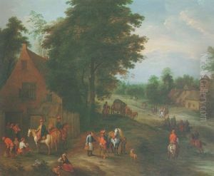 Landscape With Figures Outside An Inn, A Troop Of Horses Passing A Village Beyond by Theobald Michau