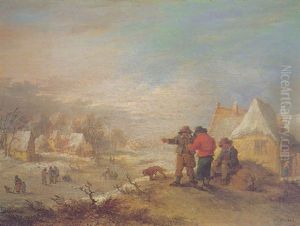 A Winter Landscape With Three Peasants Resting, Other Figures On A Frozen River Beyond by Theobald Michau