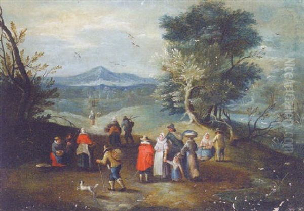 A Wooded Landscape With Travellers Halting By A River - view 1