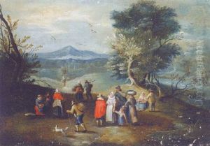 A Wooded Landscape With Travellers Halting By A River A Wooded Landscape With Travellers Halting By A River