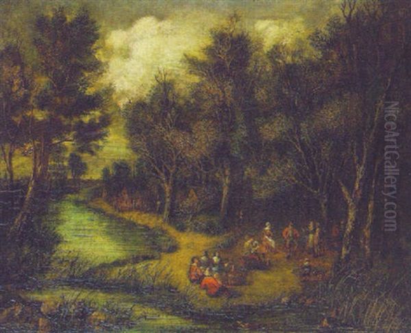 A Wooded Landcape With Peasants Dancing On A River Bank - view 1