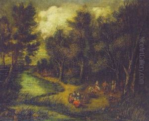 A Wooded Landcape With Peasants Dancing On A River Bank