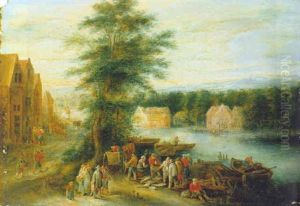 A River Landscape With Fishermen Unloading Their Catch At A Village Landing Stage