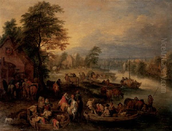 A River Landscape With Various Figures And Cattle On A Track, A Town Beyond - view 1