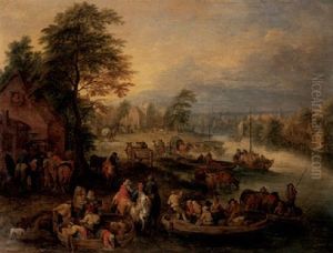A River Landscape With Various Figures And Cattle On A Track, A Town Beyond
