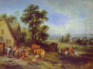 Weite Flandrische Landschaft Mit Wascherinnen Vor Einem Bauernhaus, Rindern, Schweinen Und Einem Bauern Mit Zwei Pferden And Der Tranke