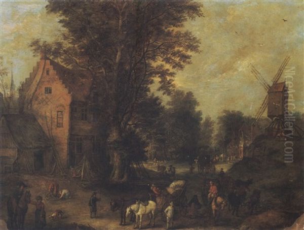 Village Scene With Figures And A Windmill - view 1