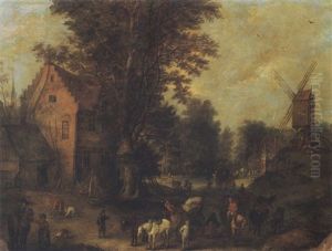 Village Scene With Figures And A Windmill by Theobald Michau