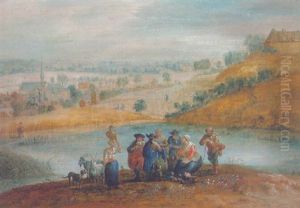 Peasants And Travellers Resting In A Landscape by Theobald Michau
