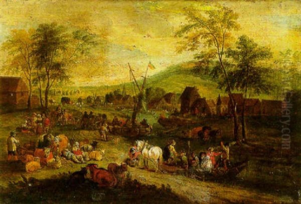 A Crowded River Landscape Scene With Peasants And Animals - view 1