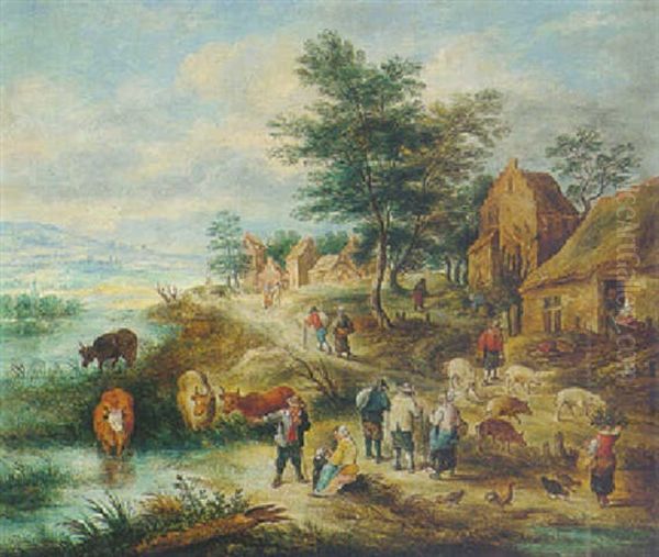 A River Landscape With Country Folk, Cattle And Pigs Along The River Bank - view 1