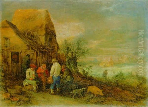 Peasants Drinking And Smoking Outside A Farm - view 1