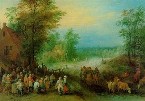 An Extensive Wooded Landscape With Villagers Dancing Outside An Inn by Theobald Michau