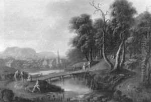 Landschaft Mit Brucke Und Dorf An Einem Fluss