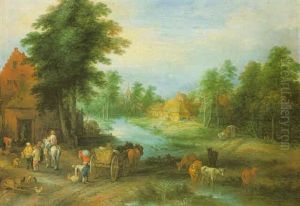 Village Landscape With Farmers Unloading Their Produce, With Cattle Drinking From A Stream by Theobald Michau