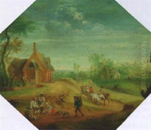 A Landscape With Peasants On A Track Near A Village by Theobald Michau