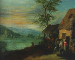 An Extensive Landscape With Peasants Outside A Barn