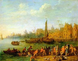 Fishermen Hauling In A Catch Of Fish By A Village by Theobald Michau