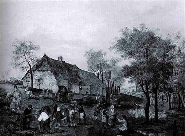 A Wooded Landscape With Numerous Country Folk And Their Livestock Outside A Farmstead - view 1