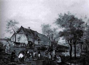 A Wooded Landscape With Numerous Country Folk And Their Livestock Outside A Farmstead