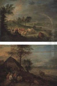 A Peasant Couple Resting By A Pasture With Cattle And Sheep by Theobald Michau