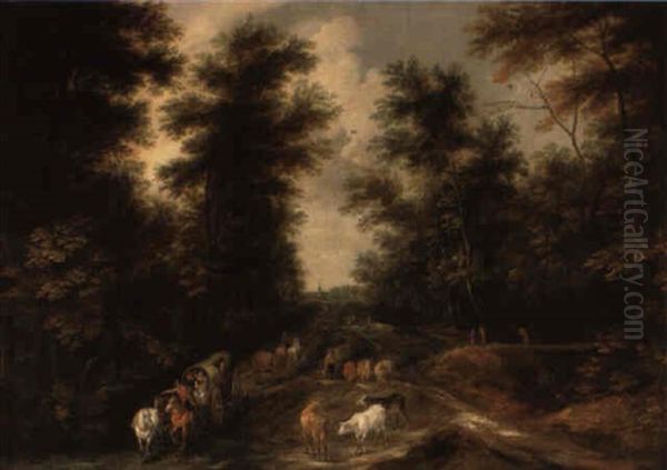 A Wooded Landscape With Wagons, Cattle And Travellers On A Track - view 1