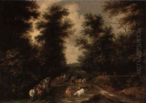 A Wooded Landscape With Wagons, Cattle And Travellers On A Track by Theobald Michau