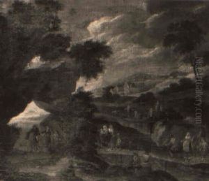 A River Landscape With Travellers Crossing A Bridge A River Landscape With Travellers Crossing A Bridge