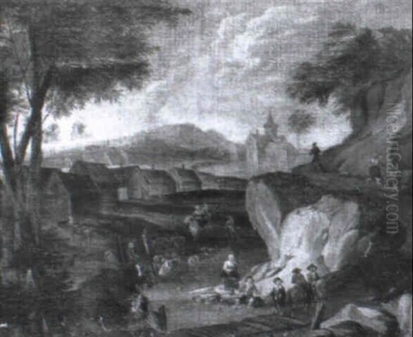A River Landscape With Travellers Conversing On A Bridge - view 1